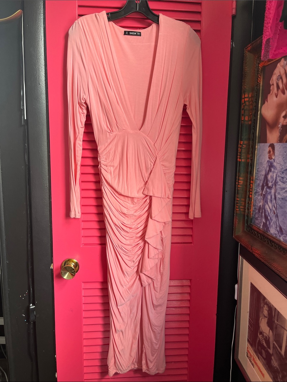Pink ruched ruffled fitted dress with stretch